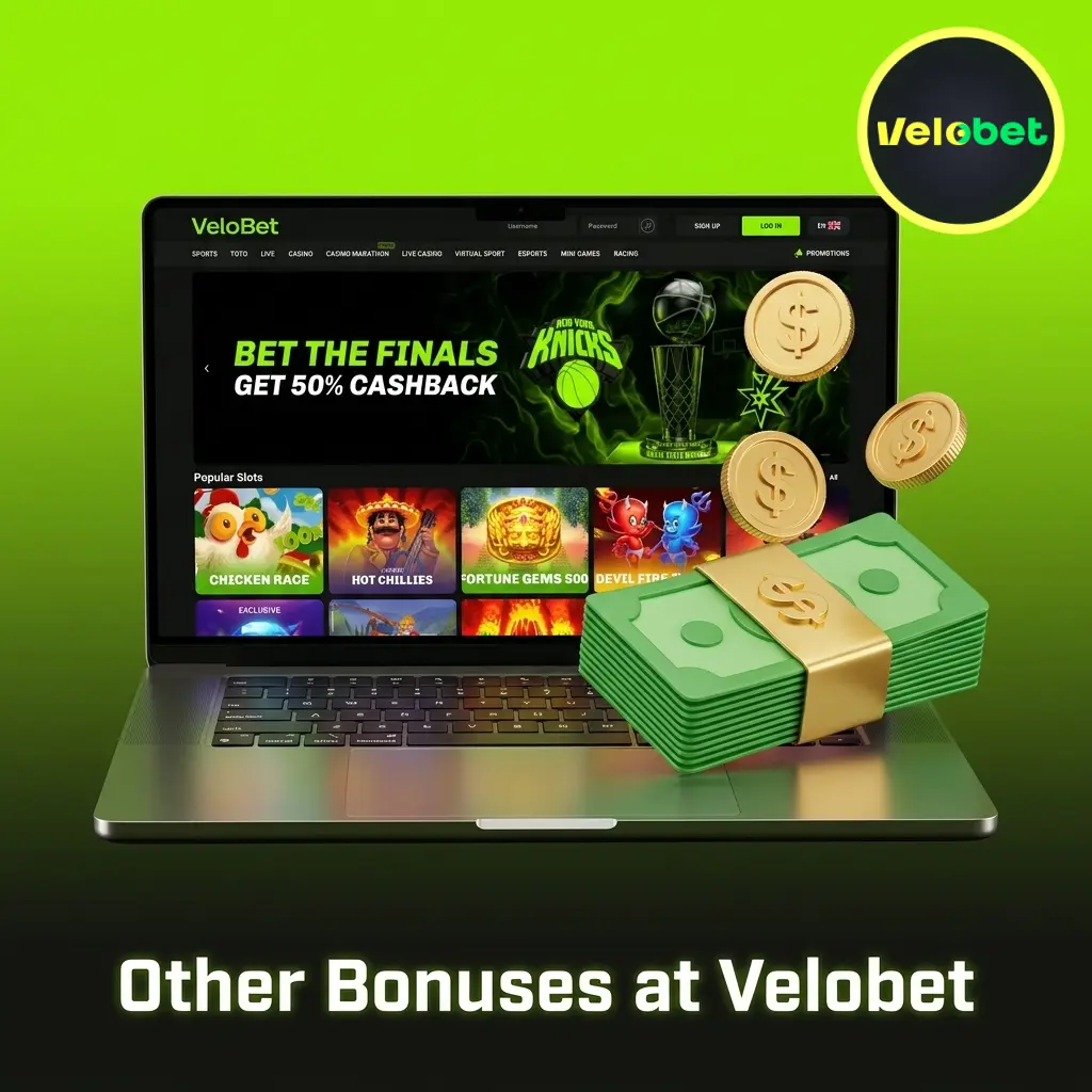 Velobet ongoing promotions including reload bonus, cashback, free spins, accumulator boost, VIP rewards, and referral bonus
