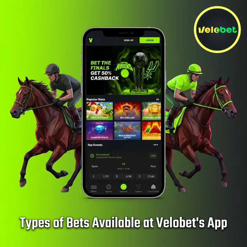 Velobet app bet types including single, accumulator, treble, system bet, and live in-play betting options