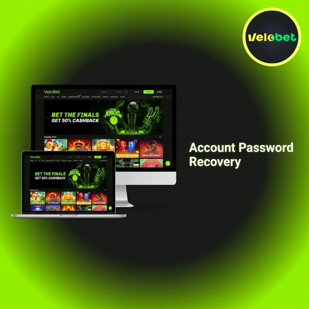 Velobet account password recovery steps showing forgot password link and email reset process on login page