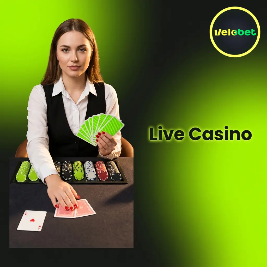 Velobet Live Casino with real dealers streaming blackjack, roulette, baccarat, poker, and game shows 24/7