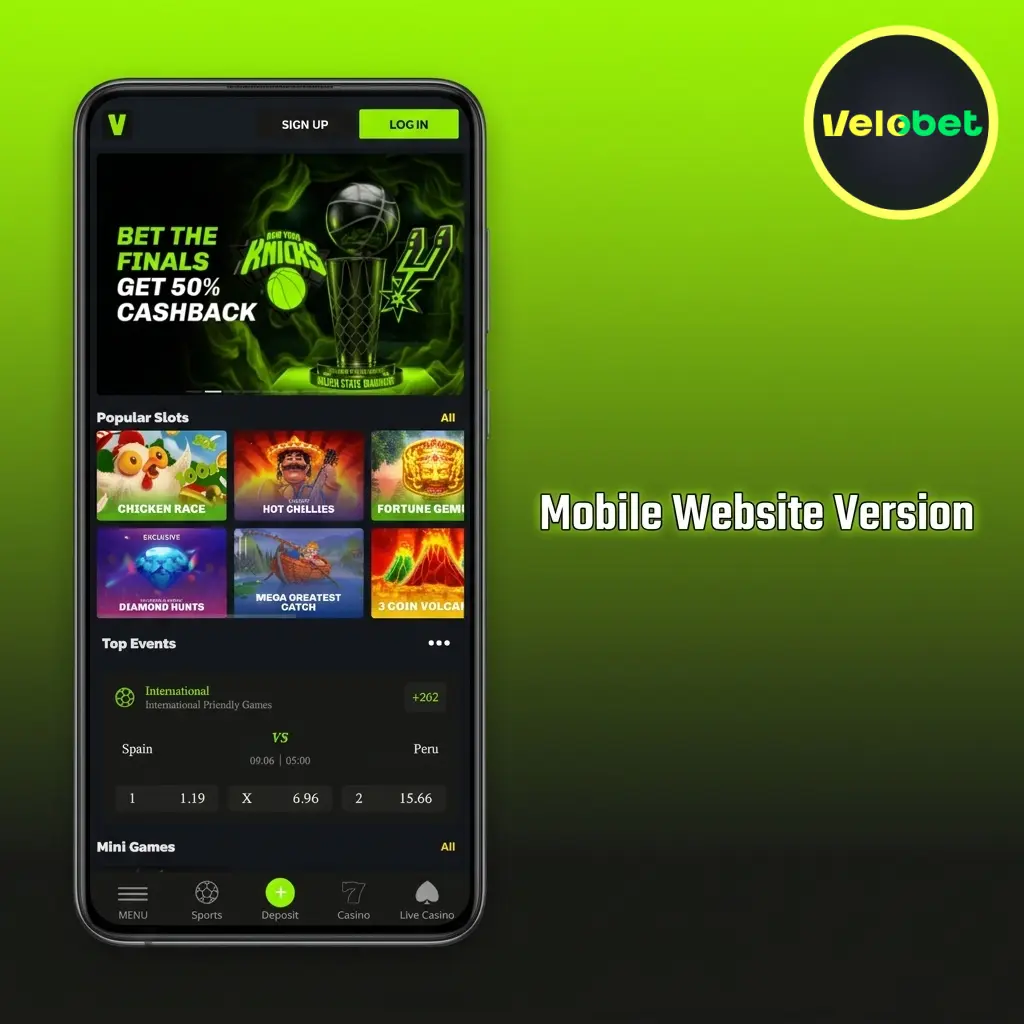 Velobet mobile website interface on a smartphone browser showing live betting odds and casino features
