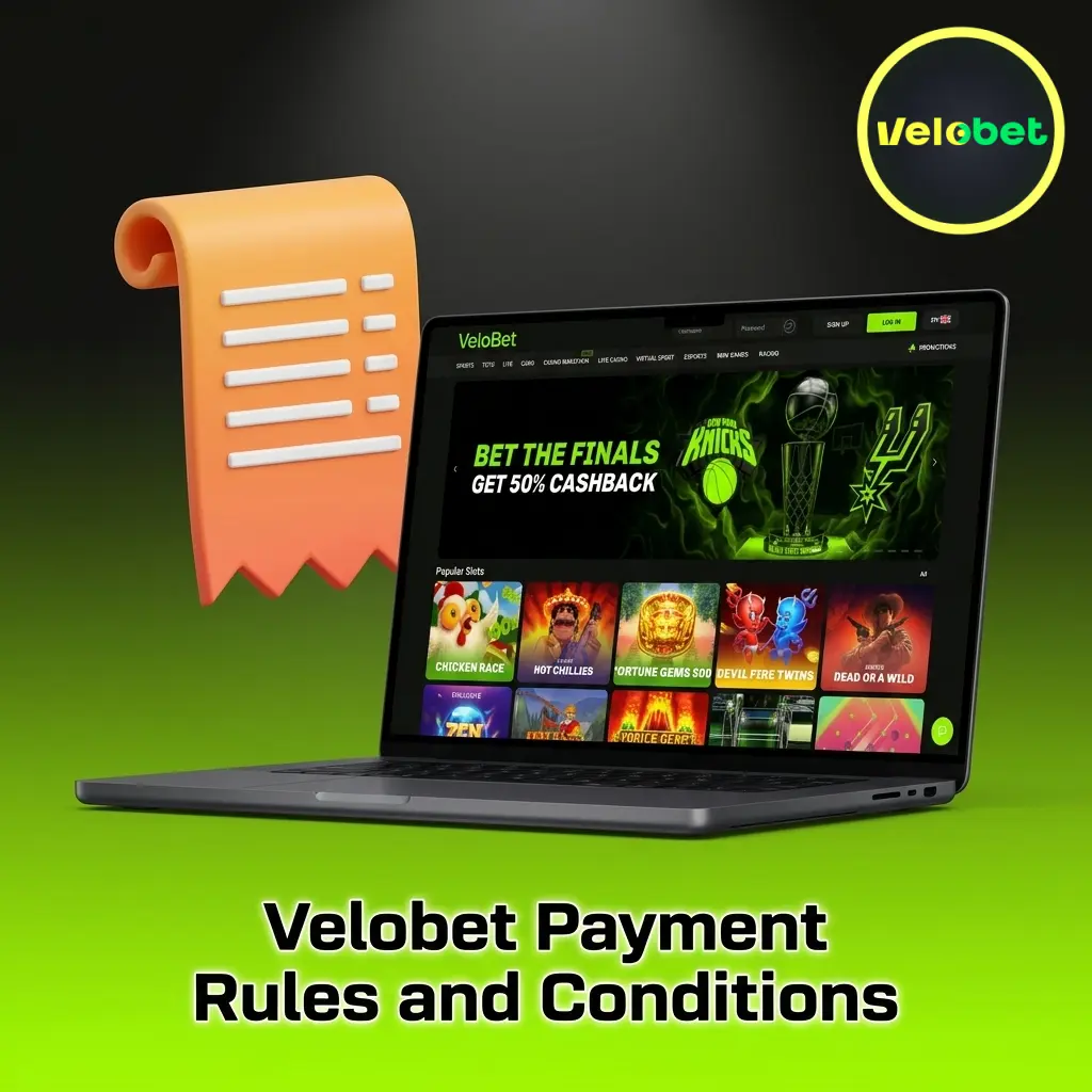 Velobet payment rules showing deposit and withdrawal conditions, KYC verification, and transaction limits for UK players