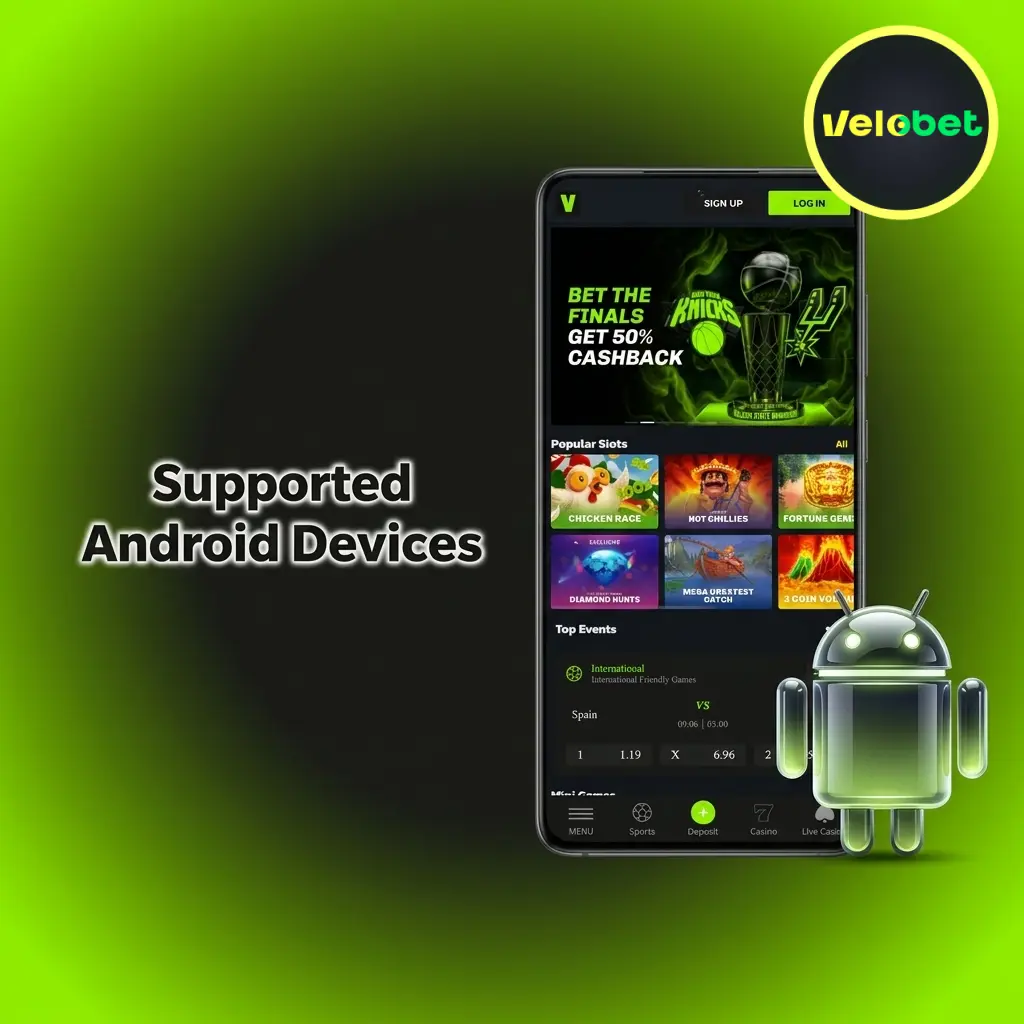 List of supported Android devices for Velobet mobile platform including Samsung, Google Pixel, Xiaomi, and more