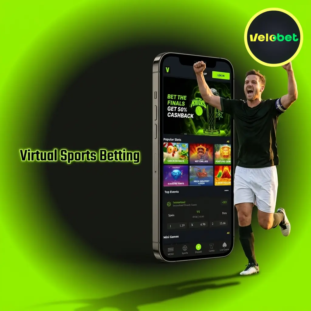 Virtual sports betting on Velobet showing simulated football, horse racing, greyhounds and tennis events available 24/7