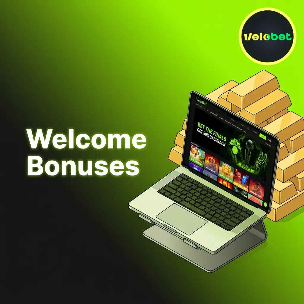 Velobet welcome bonuses table showing sports 150% up to 1000 EUR and casino 330% plus 300 free spins for UK players